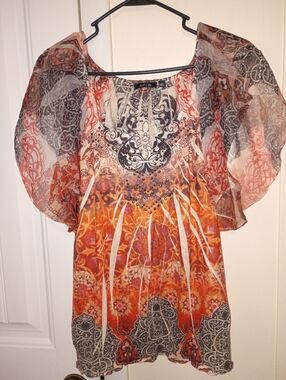 Apt. 9 Orange Paisley Flutter Sleeve Blouse with Beaded Neckline